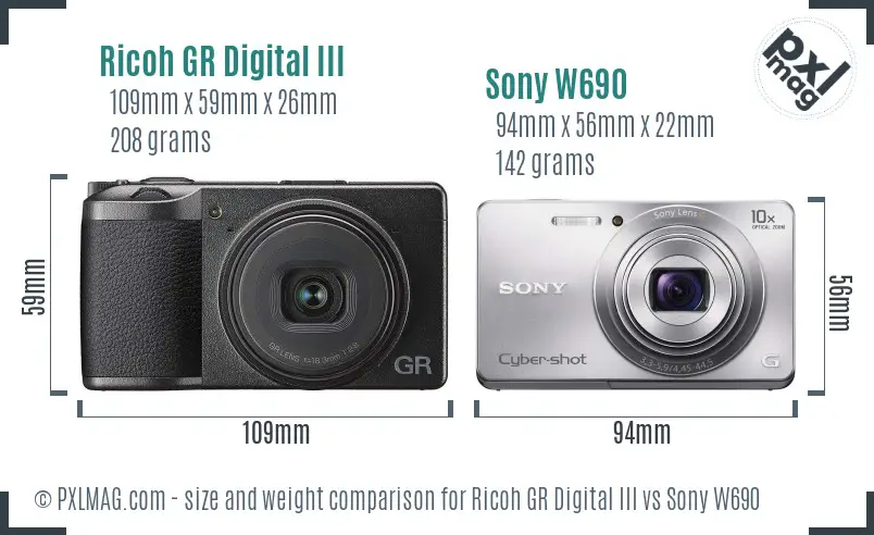 Ricoh GR Digital III vs Sony W690 size comparison