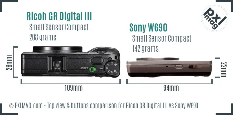 Ricoh GR Digital III vs Sony W690 top view buttons comparison