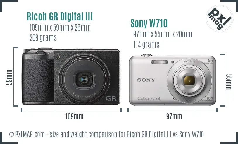 Ricoh GR Digital III vs Sony W710 size comparison