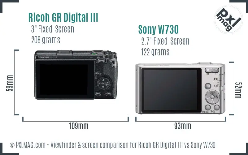 Ricoh GR Digital III vs Sony W730 Screen and Viewfinder comparison