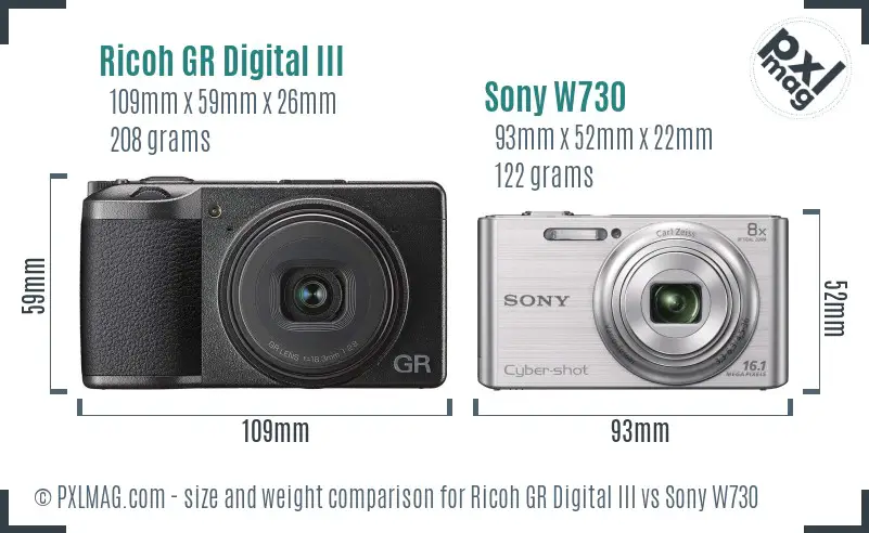 Ricoh GR Digital III vs Sony W730 size comparison