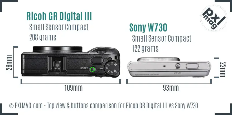 Ricoh GR Digital III vs Sony W730 top view buttons comparison