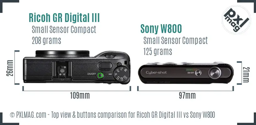Ricoh GR Digital III vs Sony W800 top view buttons comparison