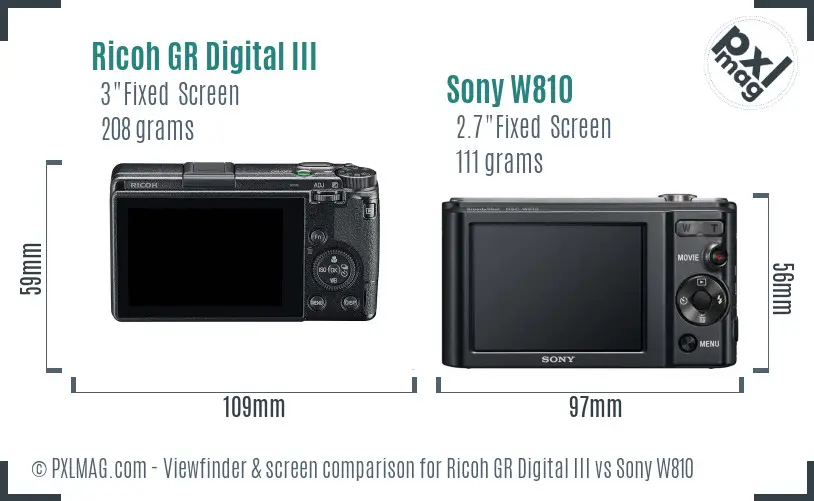 Ricoh GR Digital III vs Sony W810 Screen and Viewfinder comparison