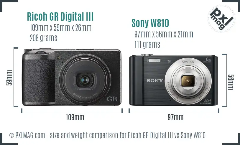 Ricoh GR Digital III vs Sony W810 size comparison