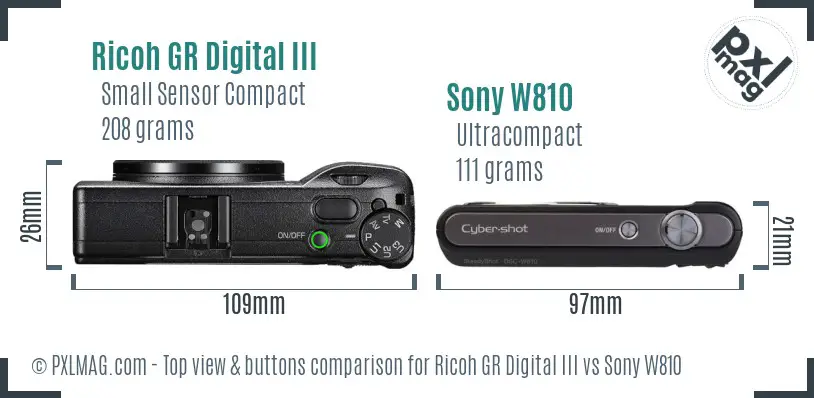 Ricoh GR Digital III vs Sony W810 top view buttons comparison