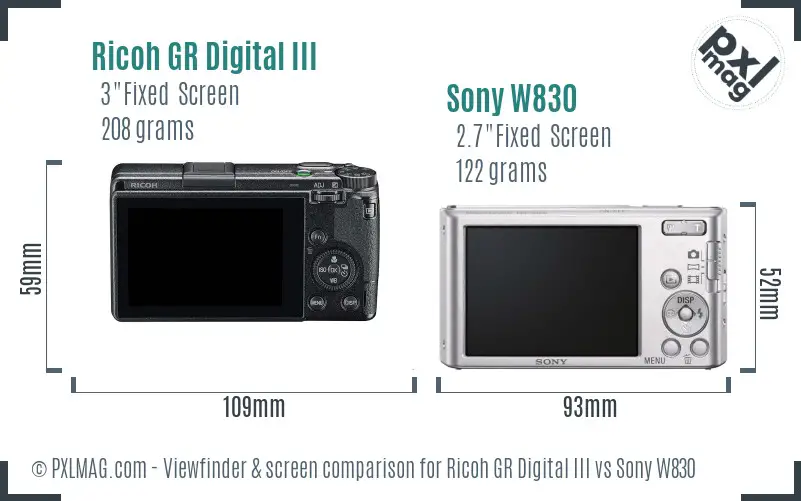 Ricoh GR Digital III vs Sony W830 Screen and Viewfinder comparison