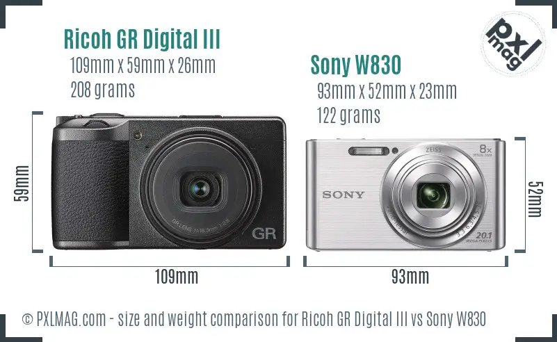 Ricoh GR Digital III vs Sony W830 size comparison