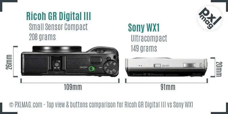 Ricoh GR Digital III vs Sony WX1 top view buttons comparison