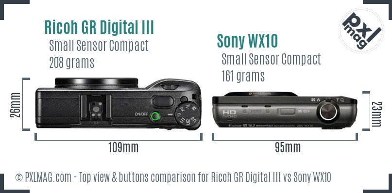 Ricoh GR Digital III vs Sony WX10 top view buttons comparison