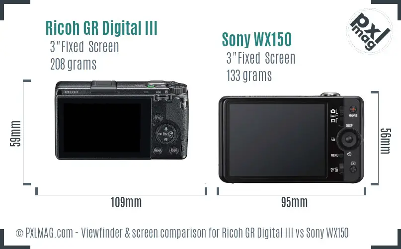 Ricoh GR Digital III vs Sony WX150 Screen and Viewfinder comparison