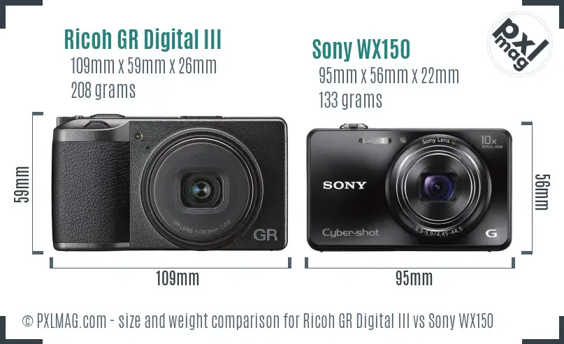 Ricoh GR Digital III vs Sony WX150 size comparison