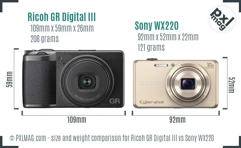 Ricoh GR Digital III vs Sony WX220 size comparison