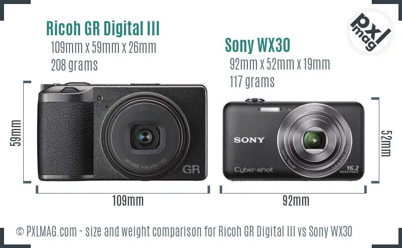 Ricoh GR Digital III vs Sony WX30 size comparison
