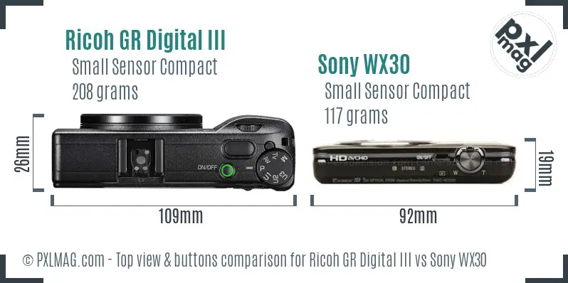 Ricoh GR Digital III vs Sony WX30 top view buttons comparison