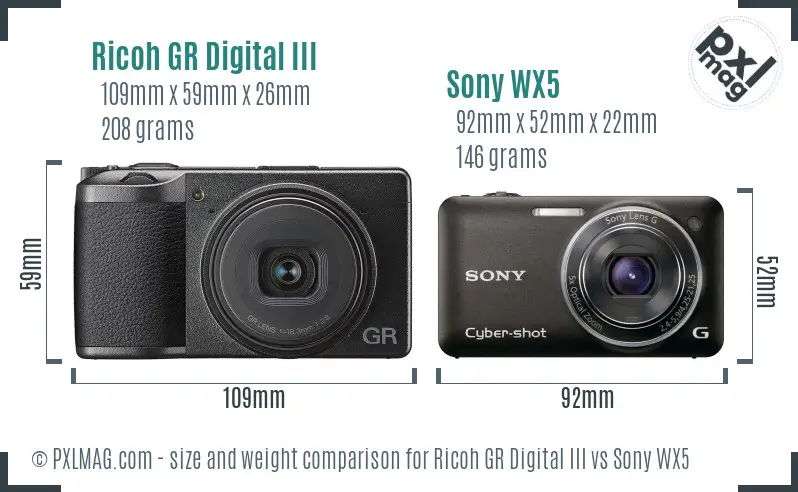 Ricoh GR Digital III vs Sony WX5 size comparison