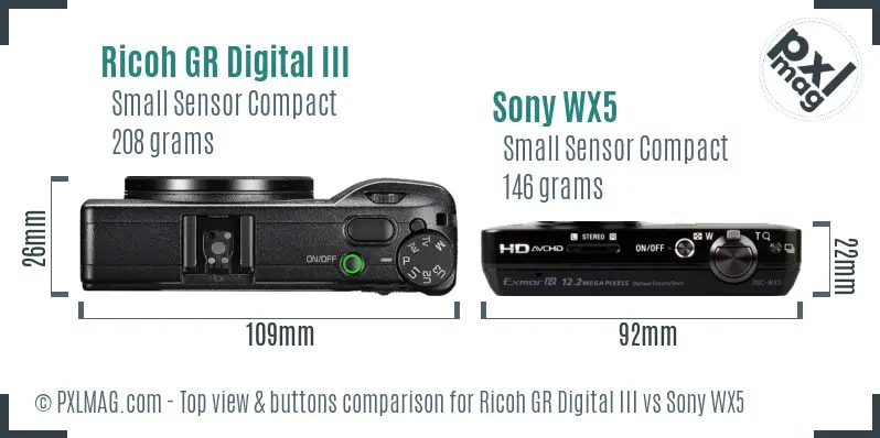 Ricoh GR Digital III vs Sony WX5 top view buttons comparison