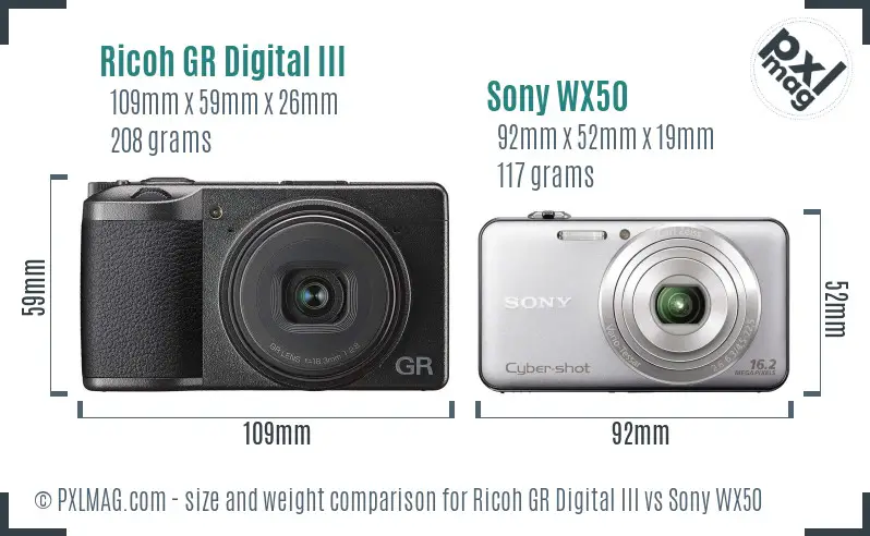 Ricoh GR Digital III vs Sony WX50 size comparison