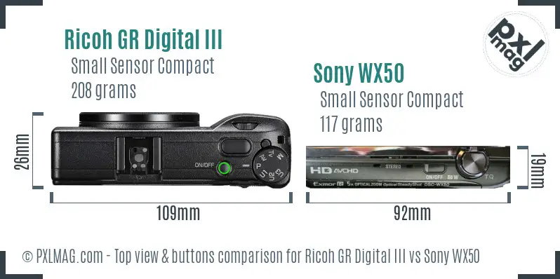 Ricoh GR Digital III vs Sony WX50 top view buttons comparison