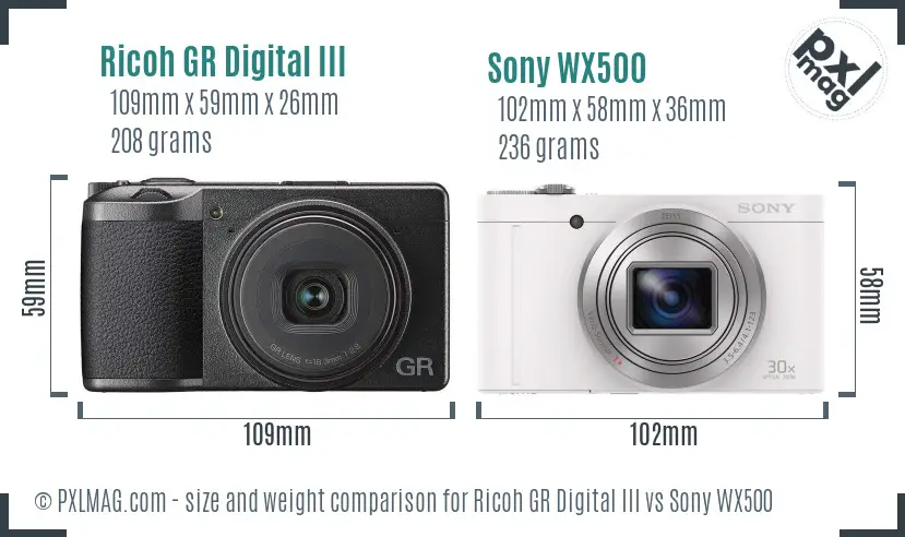 Ricoh GR Digital III vs Sony WX500 size comparison