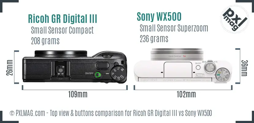 Ricoh GR Digital III vs Sony WX500 top view buttons comparison