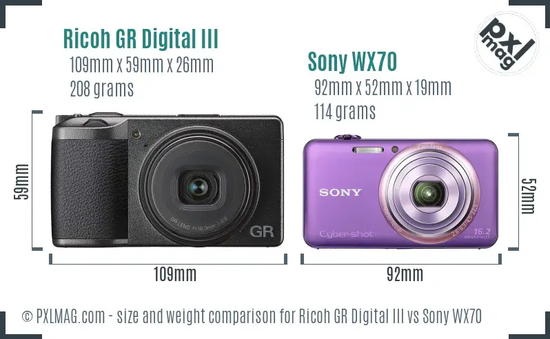 Ricoh GR Digital III vs Sony WX70 size comparison