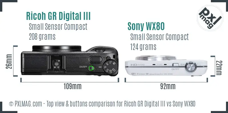 Ricoh GR Digital III vs Sony WX80 top view buttons comparison
