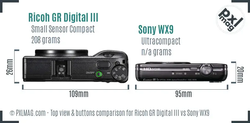 Ricoh GR Digital III vs Sony WX9 top view buttons comparison