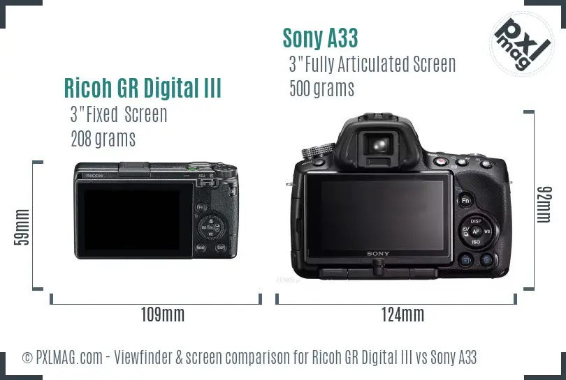 Ricoh GR Digital III vs Sony A33 Screen and Viewfinder comparison