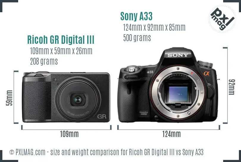Ricoh GR Digital III vs Sony A33 size comparison