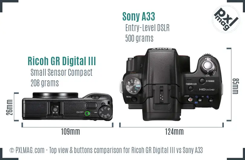 Ricoh GR Digital III vs Sony A33 top view buttons comparison