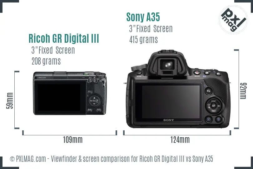 Ricoh GR Digital III vs Sony A35 Screen and Viewfinder comparison