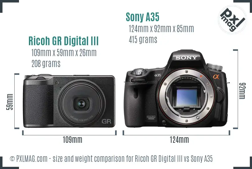 Ricoh GR Digital III vs Sony A35 size comparison