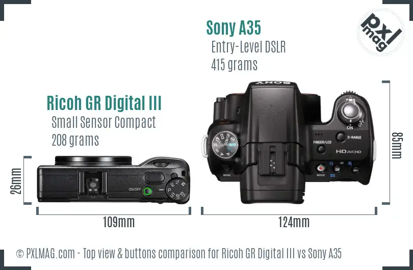 Ricoh GR Digital III vs Sony A35 top view buttons comparison