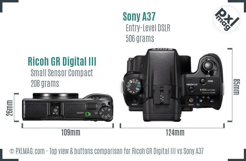 Ricoh GR Digital III vs Sony A37 top view buttons comparison