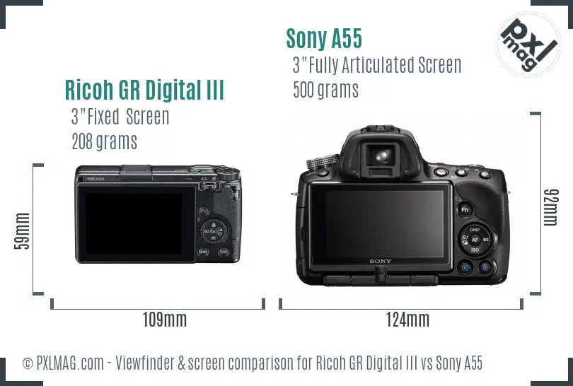 Ricoh GR Digital III vs Sony A55 Screen and Viewfinder comparison