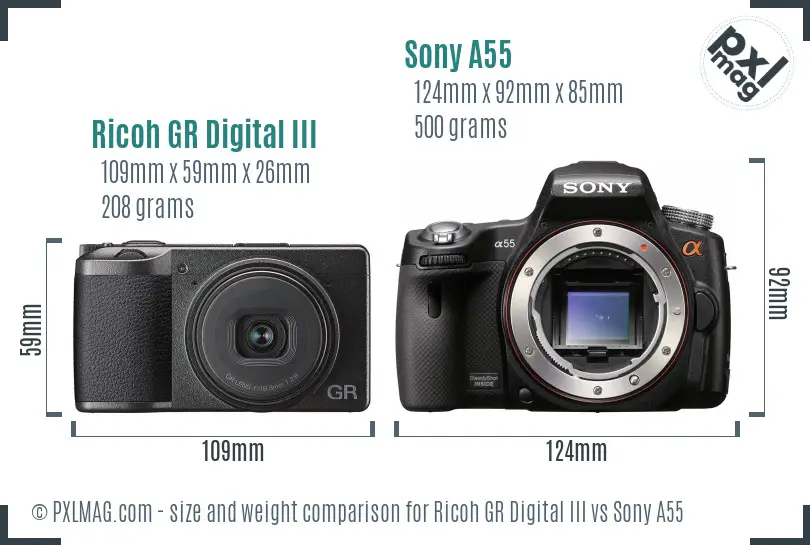 Ricoh GR Digital III vs Sony A55 size comparison