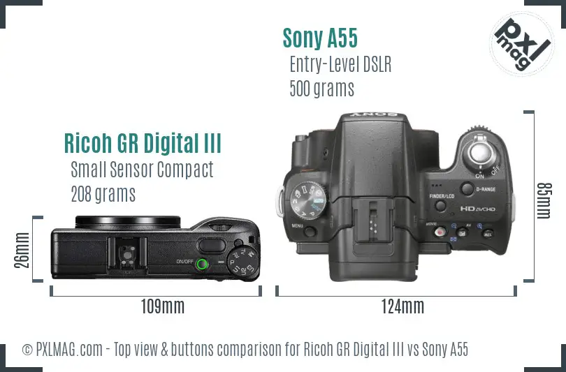 Ricoh GR Digital III vs Sony A55 top view buttons comparison