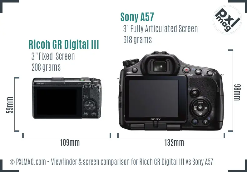Ricoh GR Digital III vs Sony A57 Screen and Viewfinder comparison