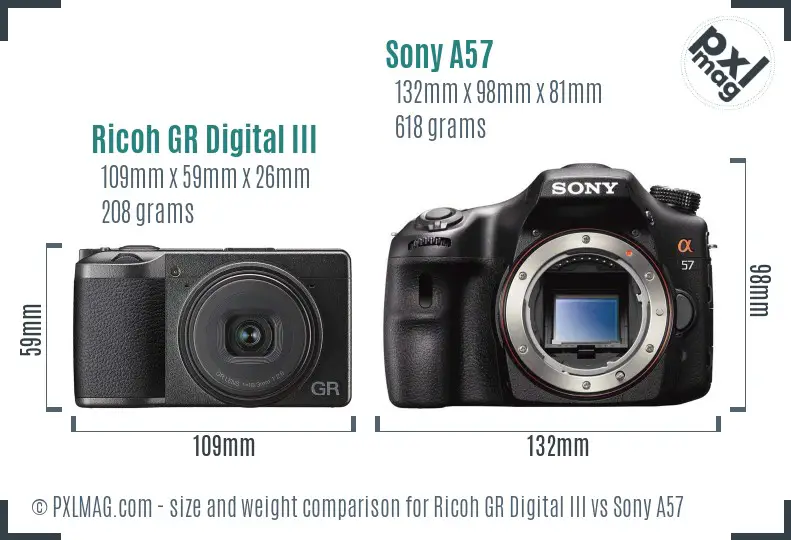 Ricoh GR Digital III vs Sony A57 size comparison