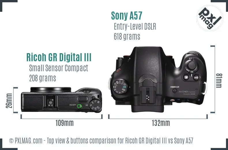 Ricoh GR Digital III vs Sony A57 top view buttons comparison