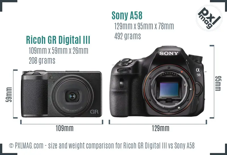 Ricoh GR Digital III vs Sony A58 size comparison