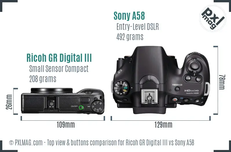 Ricoh GR Digital III vs Sony A58 top view buttons comparison