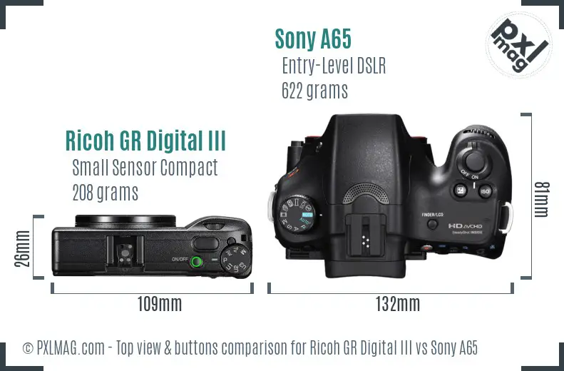 Ricoh GR Digital III vs Sony A65 top view buttons comparison
