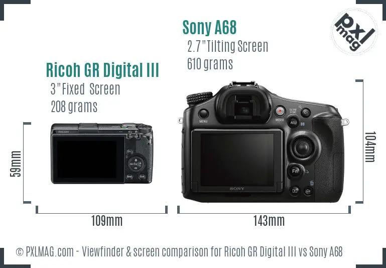 Ricoh GR Digital III vs Sony A68 Screen and Viewfinder comparison