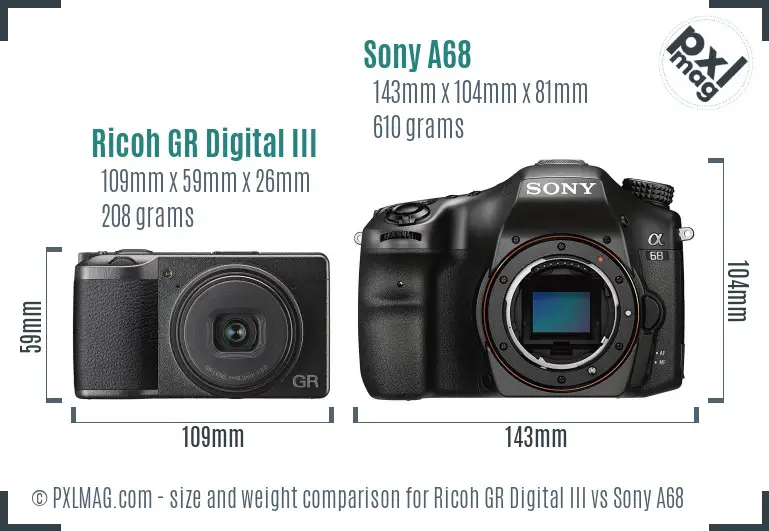 Ricoh GR Digital III vs Sony A68 size comparison