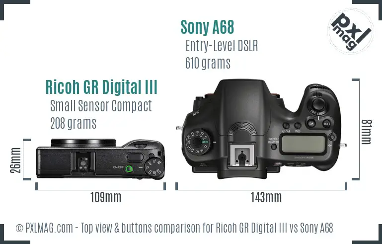 Ricoh GR Digital III vs Sony A68 top view buttons comparison