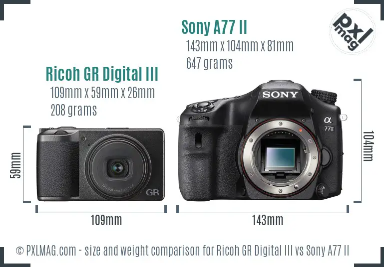 Ricoh GR Digital III vs Sony A77 II size comparison