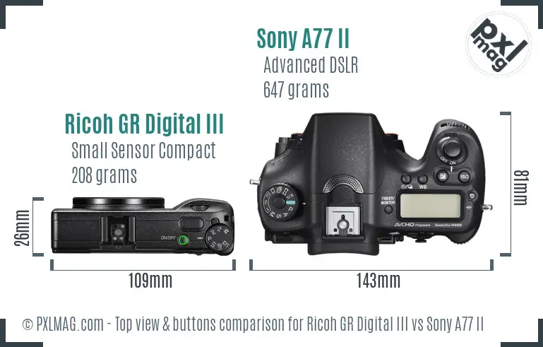 Ricoh GR Digital III vs Sony A77 II top view buttons comparison