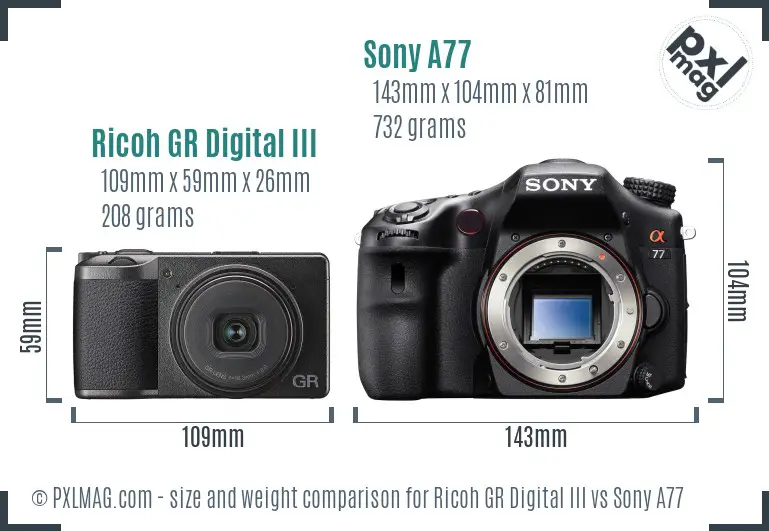 Ricoh GR Digital III vs Sony A77 size comparison